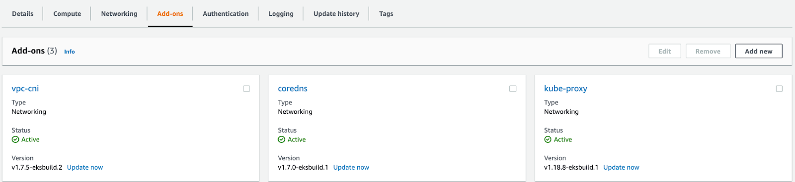 EKS cluster addons console